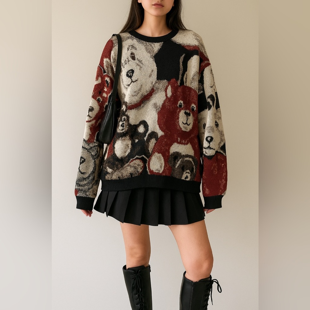Rare USA Vintage Maxson Tapestri Teddy Bear Cottagecore Woven Tapestry Sweater